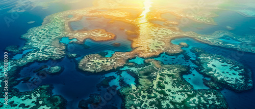 Stunning Aerial View of Sunrise Over Coral Reef with Crystal Clear Blue Waters © jonathon