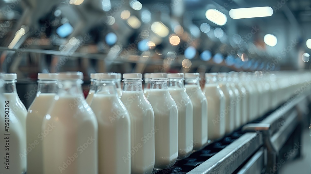 Packaging of Milk and Liquid Dairy Products in Glass Bottles. Dairy Factory. Generative AI. Packaging of Milk and Liquid Dairy Products in Glass Bottles. Dairy Factory. Generative AI.