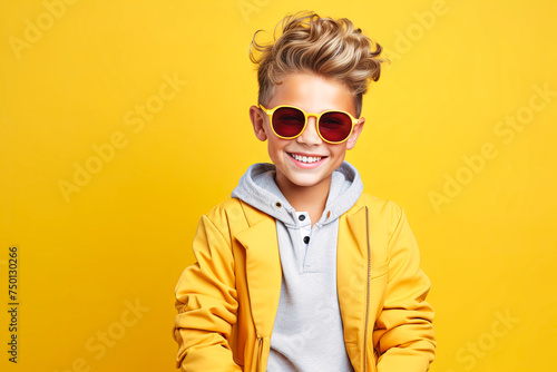 Young Boy in Yellow Jacket Wearing Sunglasses