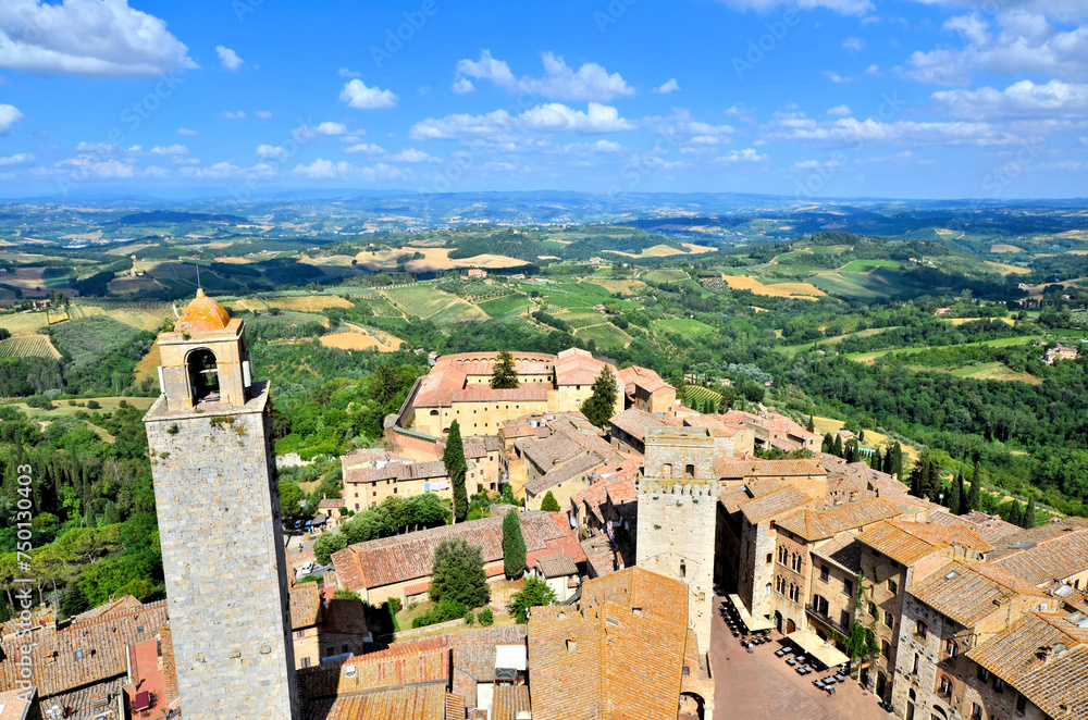 View of the hill town of San Gimignano from its medieval towers, Tuscany, Italy