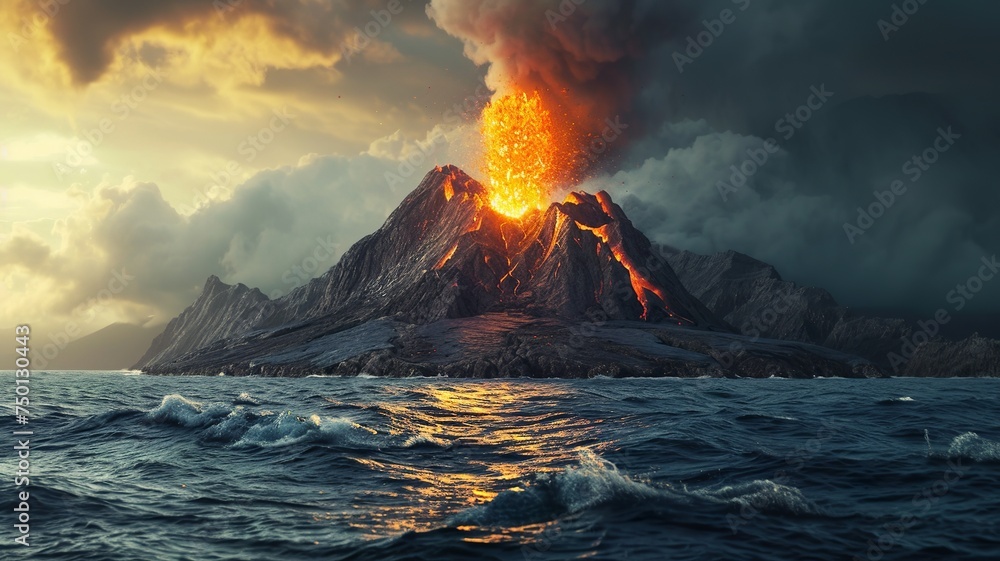 artificial intelligence image of a volcano in the middle of the water, a wonderful sight, huge, but very dangerous