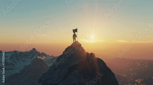 A figure stands on the summit of a mountain with a flag, silhouetted against the sunrise, symbolizing achievement and adventure. © PiBu Stock