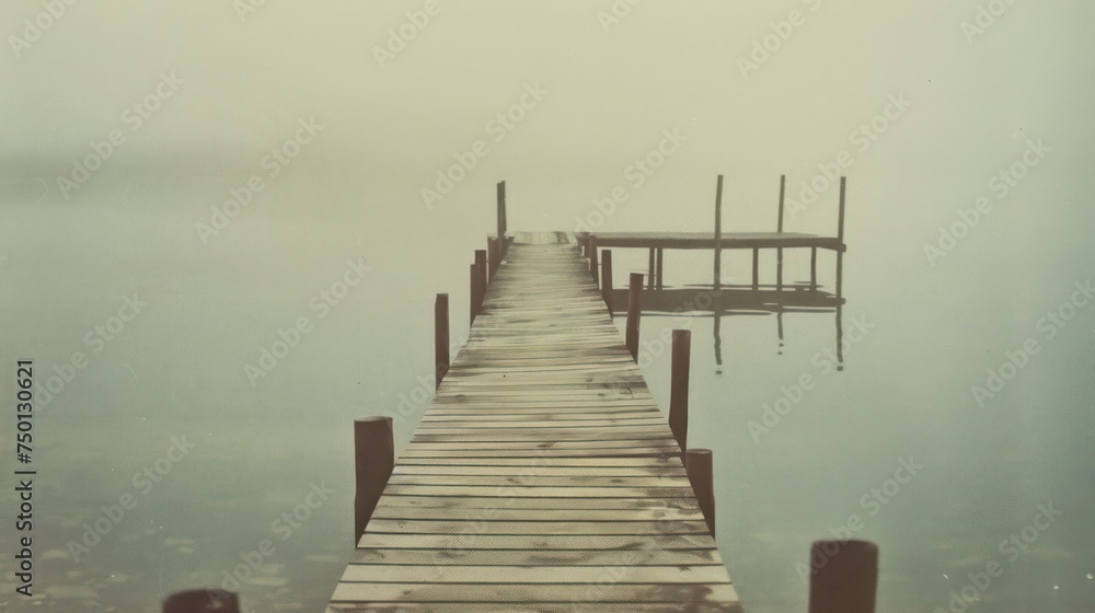 Naklejka premium Classic photos of a small dock from the past evoke an old-fashioned charm, mysterious, with tranquil colors that harken back to Polaroid images.