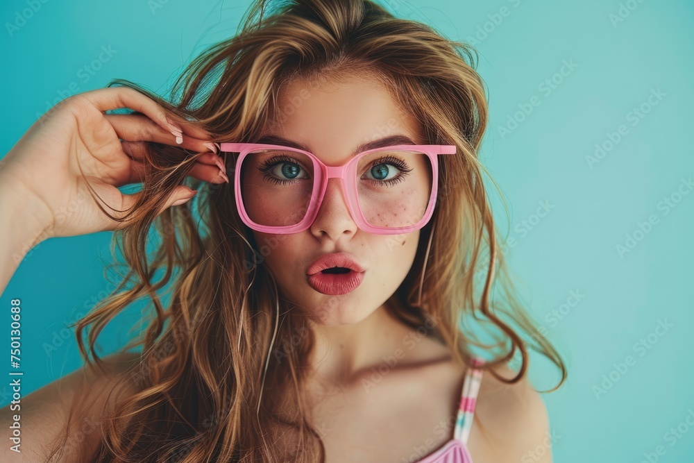 Beautiful young woman in pink sunglasses over the blue background Beautiful young woman in pink sunglasses over the blue background