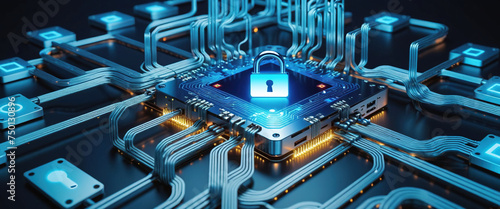 Protecting Data and maintaining Privacy with security concept - padlock on computer circuit board