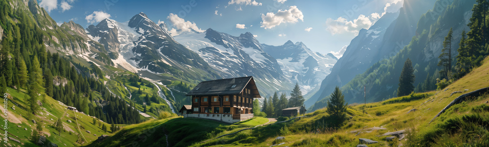 Panoramic shot of a mountain farmhouse in a mountain range with spring meadows Panoramic shot of a mountain farmhouse in a mountain range with spring meadows