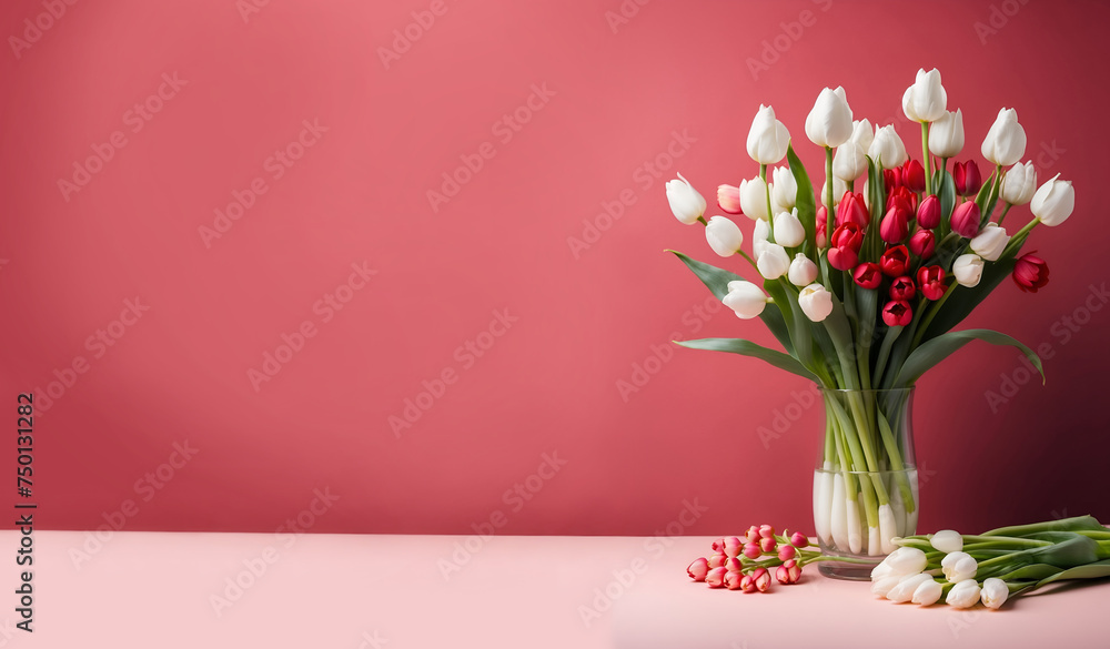 Un bouquet de fleurs avec des tulipes blanches et rouges pour la fête des mères dans un vase sur un fond uni rouge