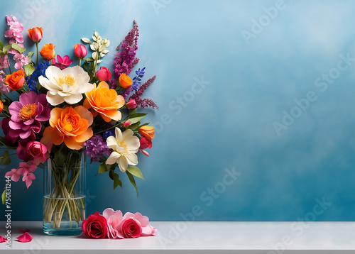 Un bouquet de fleurs coloré dans un vase pour la fête des mères sur un fond bleu turquoise