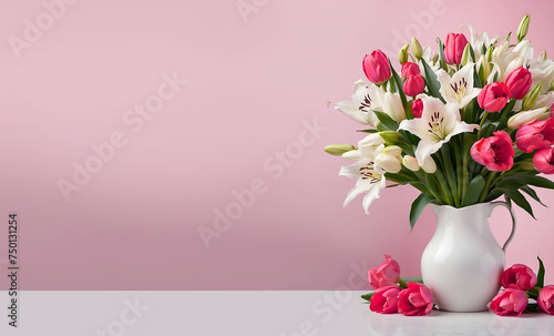 Un bouquet de fleurs avec des tulipes roses et des lys blancs pour la fête des mères dans un vase sur un fond uni rose