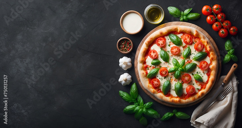 Une délicieuse pizza tomate mozzarella basilic avec des couverts et une serviette vue de dessus sur un fond en ardoise