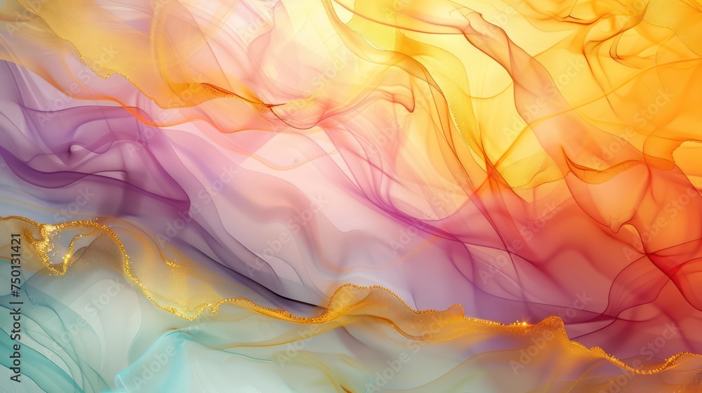 A natural luxury abstract fluid artwork crafted using the alcohol ink technique. This tender and dreamy wallpaper showcases transparent waves and golden swirls, making it perfect for posters