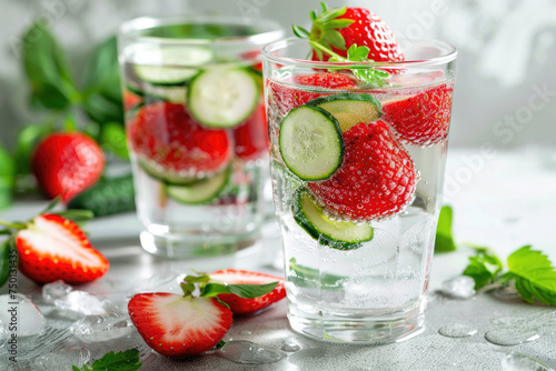 Refreshing strawberry cucumber infused water served in a glass