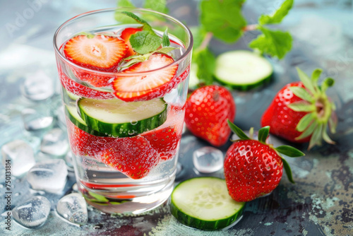 Refreshing strawberry cucumber infused water served in a glass