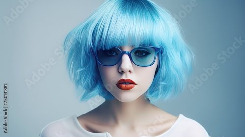 Beautiful young woman with blue hair on blue background. Strength and self confidence concept