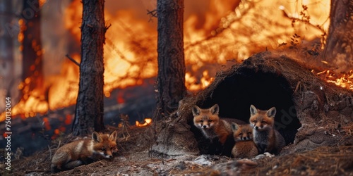 International Firefighters Day, a family of foxes peeping out of a hole against the background of a burning forest, forest fires, rescue of wild animals, destruction of forests, environmental disaster