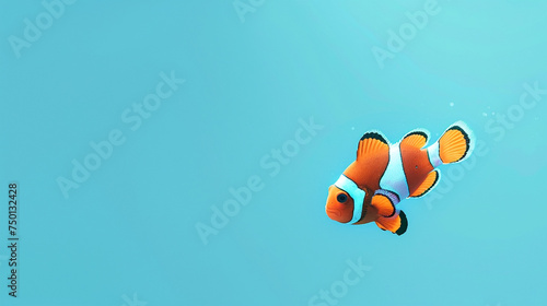 A captivating clownfish navigating through its surroundings, set against a solid turquoise blue backdrop.