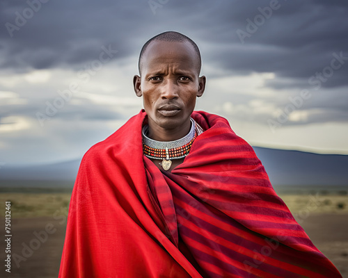Portrait eines Massai Kriegers in Tracht, Ostafrika, Generative AI photo