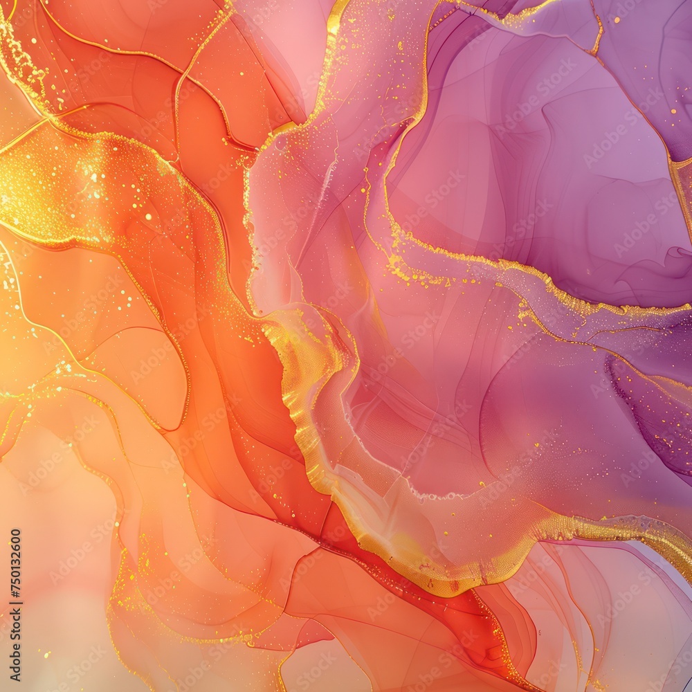 Fototapeta premium Natural luxury abstract fluid art created using alcohol ink technique. Delicate and ethereal wallpaper featuring transparent waves and golden swirls, ideal for posters.