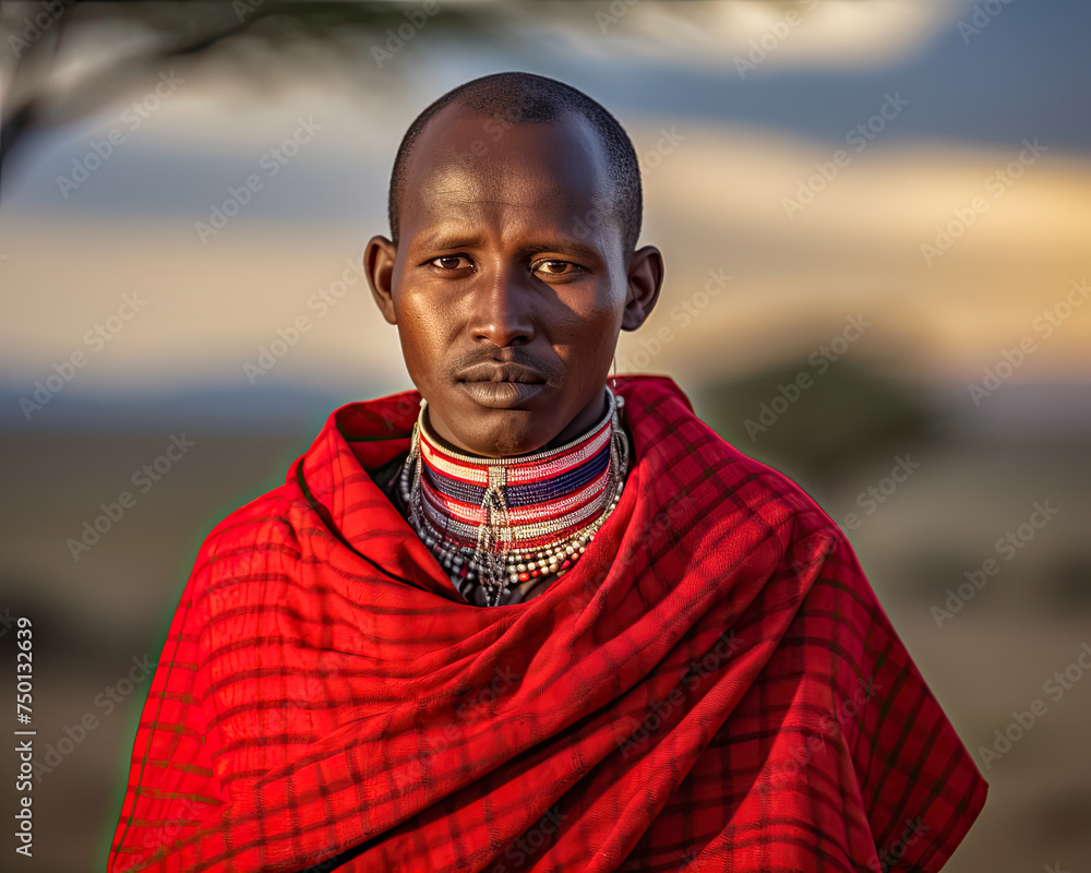 Portrait eines Massai Kriegers in Tracht, Ostafrika, Generative AI Portrait eines Massai Kriegers in Tracht, Ostafrika, Generative AI