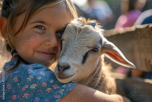 Little girl is hugging a goat in the zoo very happily