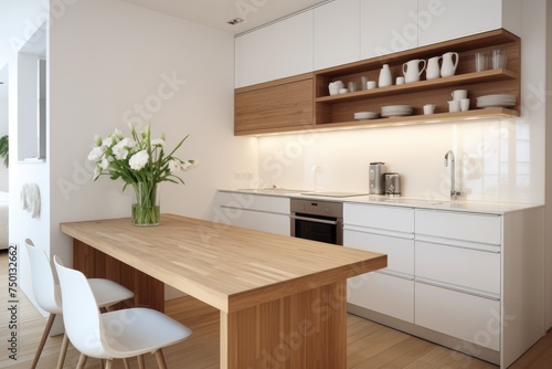 Small, bright, contemporary kitchen with white cabinets and wooden accents bathed in natural sunlight © Lazylizard