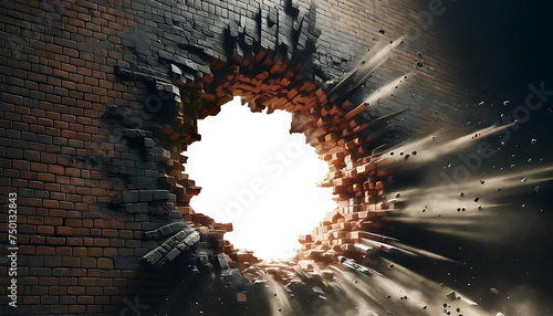 Brick wall with a large hole in the middle. Concept of breaking through and revealing. PNG Transparent photo