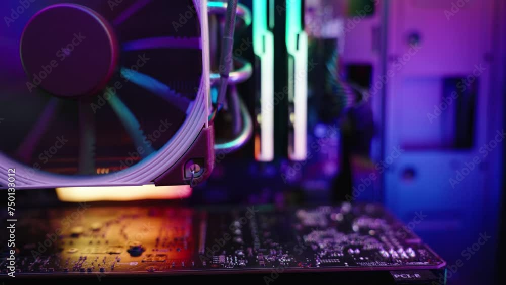 Motherboard of a gaming computer with rainbow RGB lighting on ...