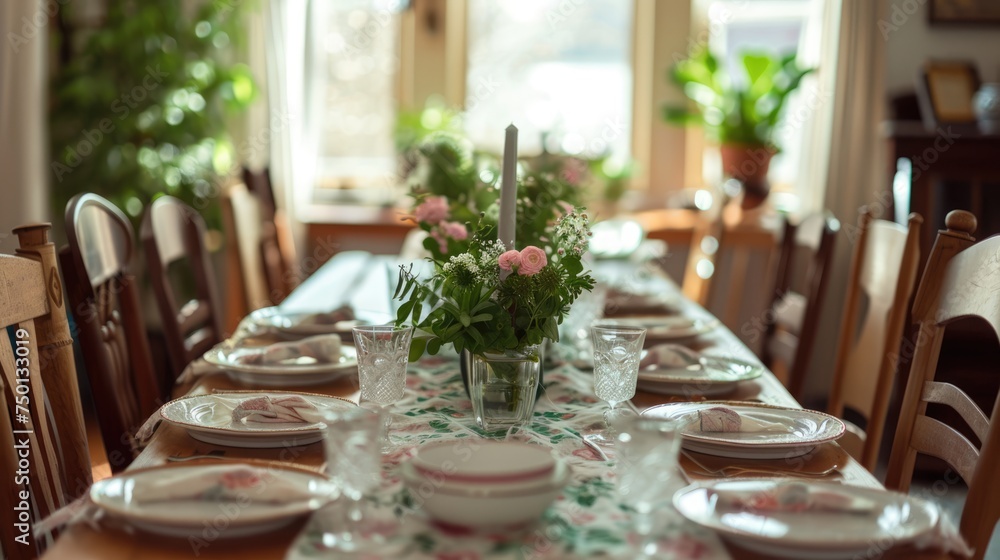 A beautifully arranged farmhouse dining table bathed in natural light, adorned with fresh flowers and elegant tableware, invites a homely dining experience..