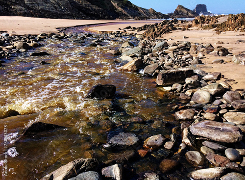 Clear water rushes over stones leading to a serene beach, with cliffs in the distance.