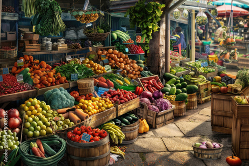 Summer market scene with colorful array of fresh produce