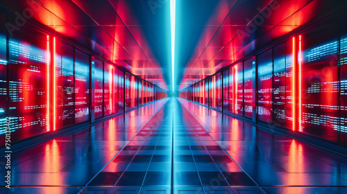 Futuristic corridor with technology lights, modern digital design, empty space leading into darkness © MdIqbal