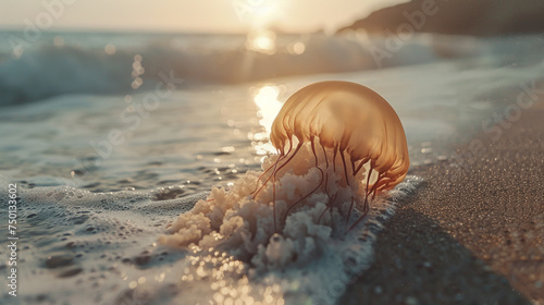 A captivating shot of a jellyfish gently floating near the water's edge on a quiet and tranquil beach.