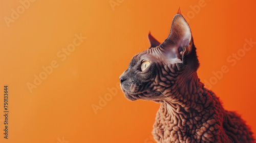 A charismatic Cornish Rex cat with curly fur, captured against a solid tangerine orange backdrop.
