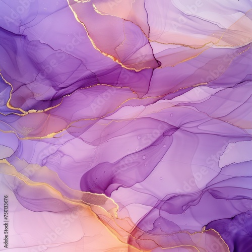 luxury abstract fluid art created using the alcohol ink technique. A tender and dreamy wallpaper featuring transparent waves and golden swirls, ideal for posters. © Matthew