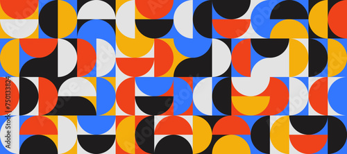 Bright semicircle seamless pattern. Abstract geometric half circle and square background. Colorful Swiss modernist or postmodernist style wallpaper. Vector red, blue, black modular repeating backdrop