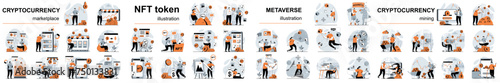 Mega set flat design concept cryptocurrency mining and marketplace, NFT token, metaverse with people character situations. Bundle of different scenes. Collection vector illustrations.