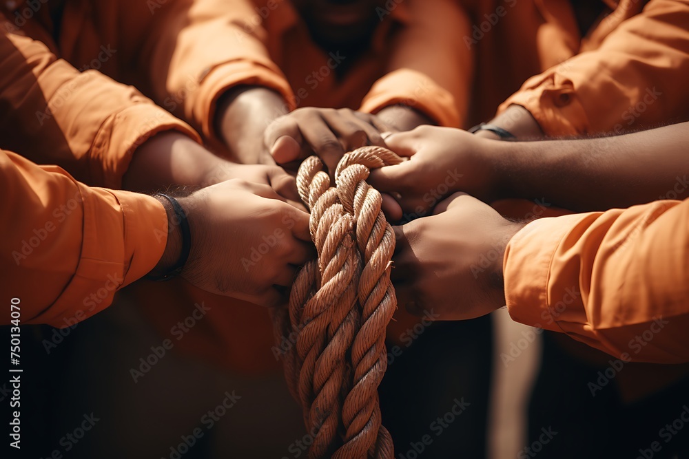 hands of people and a rope - obrazy, fototapety, plakaty 