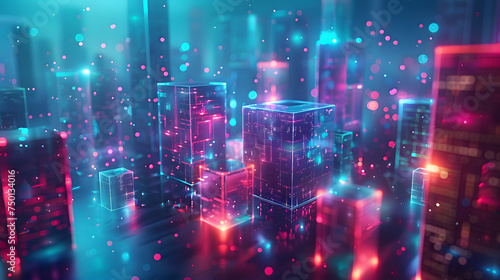 A photo of shimmering holo geometric shapes in 3D, with a futuristic cityscape as the background