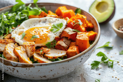 A nutritious and satisfying breakfast bowl featuring sweet potato, chicken and egg