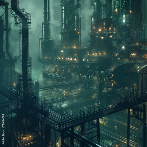 This image depicts a nocturnal industrial landscape  bathed in an eerie green light and shrouded in mist