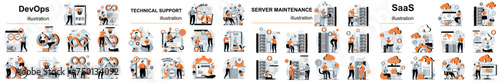 Mega set flat design concept DevOps, SaaS, technical support, server maintenance with people character situations. Bundle of different scenes. Collection vector illustrations.