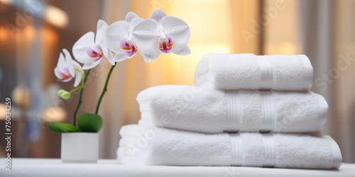 Fresh white towels, a blooming orchid, and a lit candle create a tranquil bathroom atmosphere