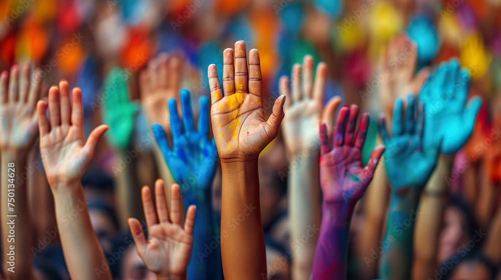 Hands raised up. Concept of equality, wlaka, tolerance, love, community. Generative AI Hands raised up. Concept of equality, wlaka, tolerance, love, community. Generative AI