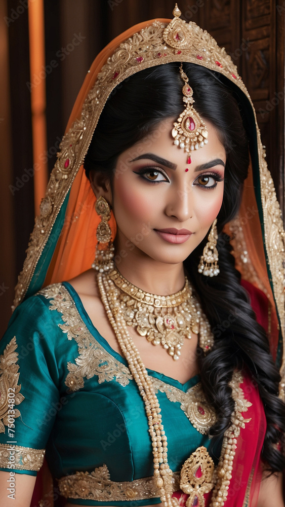 Vibrant Radiance: Captivating Portrait of an Indian Bride in Bright and Colorful Traditional Lehenga, Generative AI. Vibrant Radiance: Captivating Portrait of an Indian Bride in Bright and Colorful Traditional Lehenga, Generative AI.