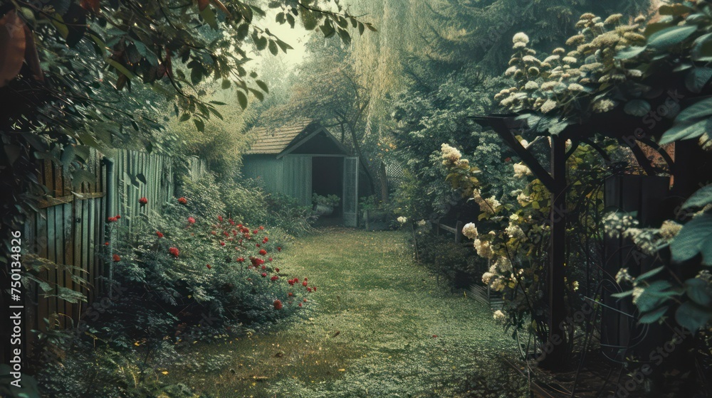 Vintage photos of home gardens from the past evoke an old-fashioned charm, mysterious, horror, with serene colors that recall Polaroid pictures. - obrazy, fototapety, plakaty 