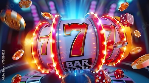 A big win 777 jackpot with prizes and coins in the background.