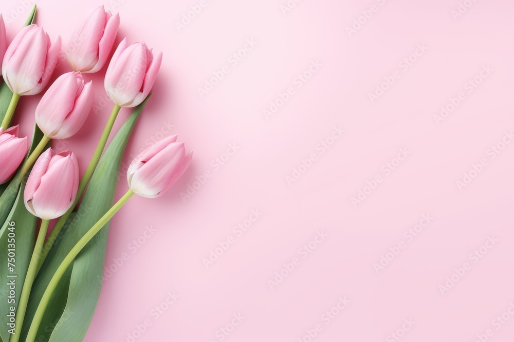 Border made of pink tulips with copy space on pastel pink background