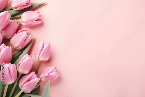 Border made of pink tulips with copy space on pastel pink background #750135029