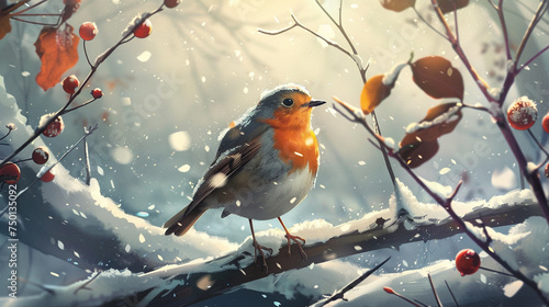 A charming robin perched on a snow-covered branch, contrasting with the winter landscape. © Artist