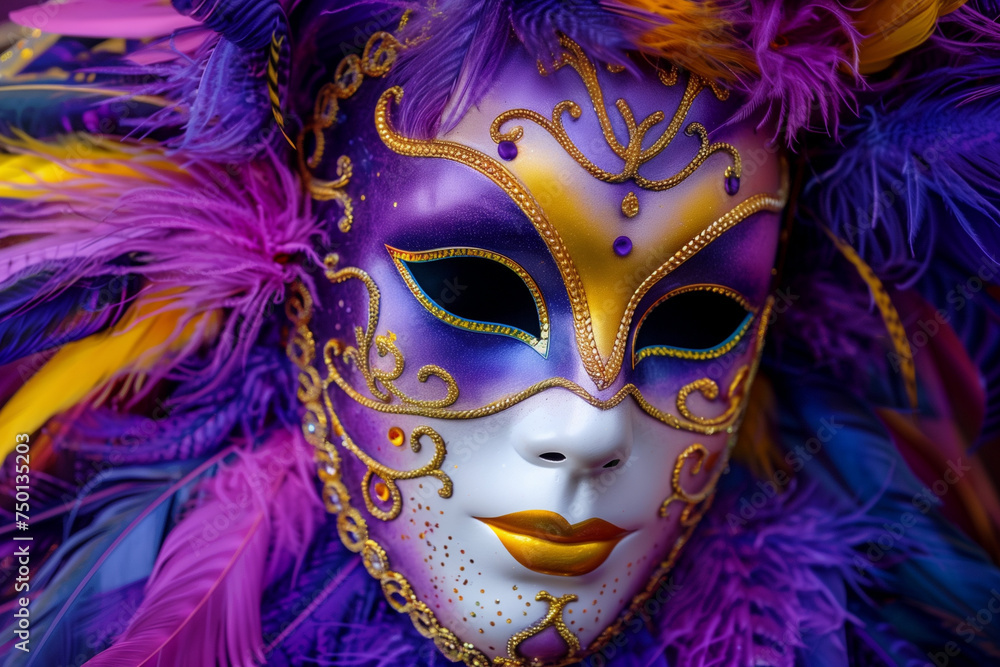 Ornate venetian mask with purple feathers and golden accents